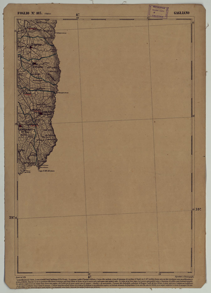 (N:17940) CARTA D'ITALIA - FOGLIO 103 GAGLIANO. (CA008641) Carte e stampe antiche: riproduzione a colori su carta (formato A2)