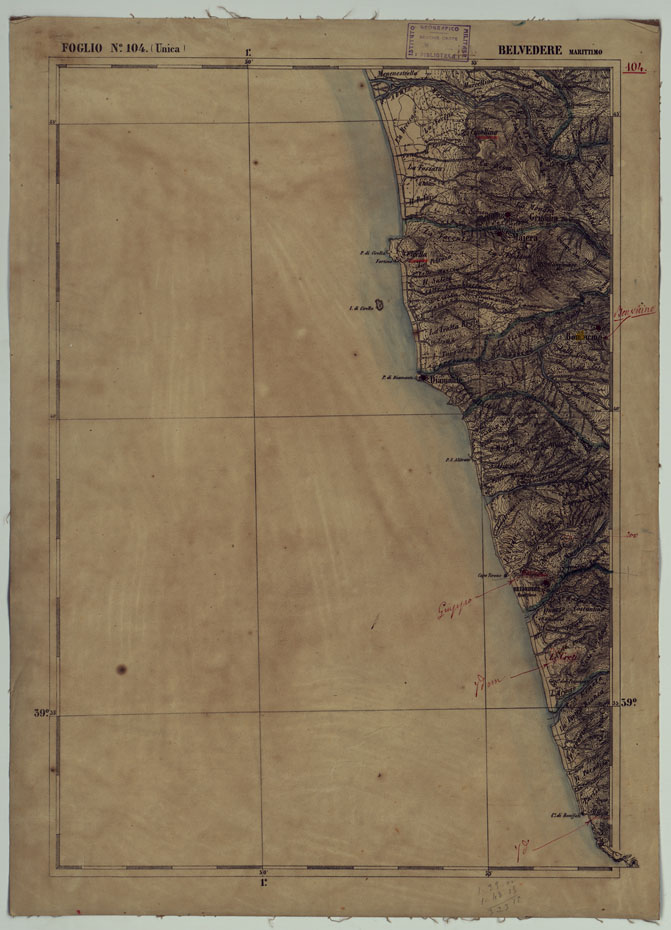 (N:17941) CARTA D'ITALIA - FOGLIO 104 BELVEDERE MARITTIMO. (CA008642) Carte e stampe antiche: riproduzione a colori su carta (formato A2)