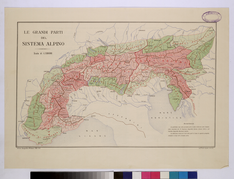 (N:25715) LE GRANDI PARTI DEL SISTEMA ALPINO. (CA008914) Carte e stampe antiche: riproduzione a colori su carta (formato A2)