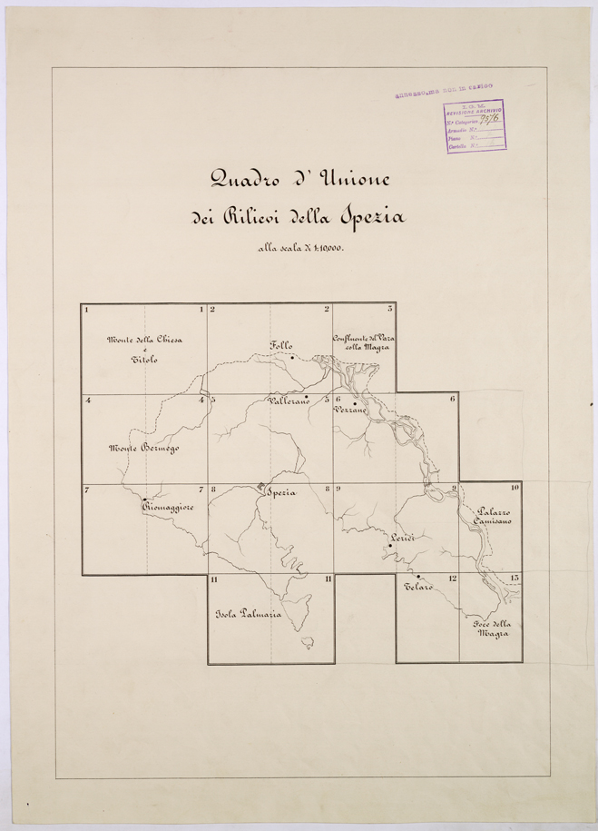 (N:26269) CARTA TOPOGRAFICA DEL GOLFO E BACINO DI SPEZIA - QUADRO D'UNIONE. (CA009485) Carte e stampe antiche: riproduzione a colori su carta (formato A2)