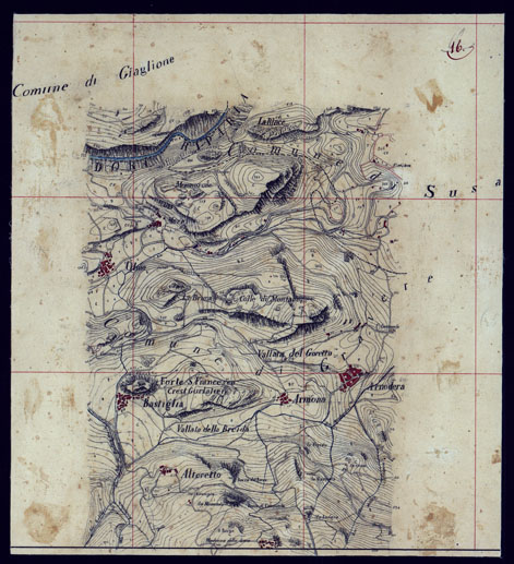 (N:23538) VALLE DELLA DORA EXILLES MINUTE AL 10.000. RILIEVI ESEGUITI NEL 1864 ALLIEVI INGEGNERI DEL R. CORPO DEL GENIO CIVILE ALLA SCALA DI 1 A 10.000 - FOGLIO 16. (CA002082) Carte e stampe antiche: riproduzione a colori su carta (formato A3)