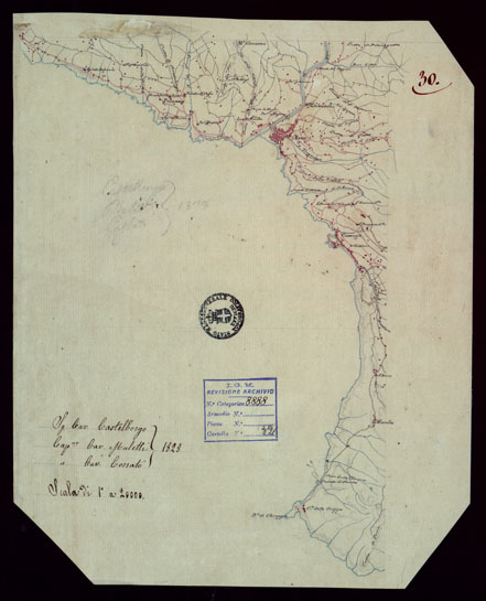 (N:15384) RICOGNIZIONI ESEGUITE ALLA SCALA DI 1/20.000 CHE COMPRENDANO LE DUE RIVIERE DEGLI EX STATI SARDI E PARTE DELLE ATTUALI PROVINCIE DI ALESSANDRIA  E DI PAVIA - FOGLIO 30. (CA002661) Carte e stampe antiche: riproduzione a colori su carta (formato A3)