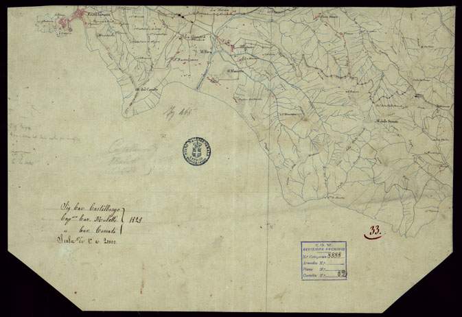 (N:15387) RICOGNIZIONI ESEGUITE ALLA SCALA DI 1/20.000 CHE COMPRENDANO LE DUE RIVIERE DEGLI EX STATI SARDI E PARTE DELLE ATTUALI PROVINCIE DI ALESSANDRIA  E DI PAVIA - FOGLIO 33. (CA002664) Carte e stampe antiche: riproduzione a colori su carta (formato A3)