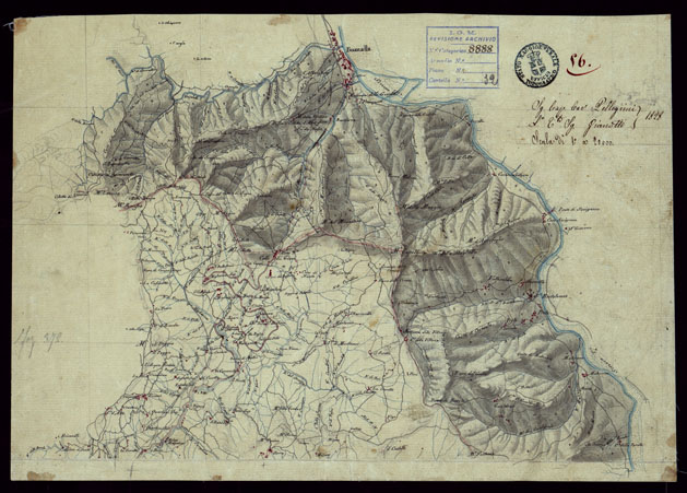 (N:15410) RICOGNIZIONI ESEGUITE ALLA SCALA DI 1/20.000 CHE COMPRENDANO LE DUE RIVIERE DEGLI EX STATI SARDI E PARTE DELLE ATTUALI PROVINCIE DI ALESSANDRIA  E DI PAVIA - FOGLIO 56. (CA002687) Carte e stampe antiche: riproduzione a colori su carta (formato A3)