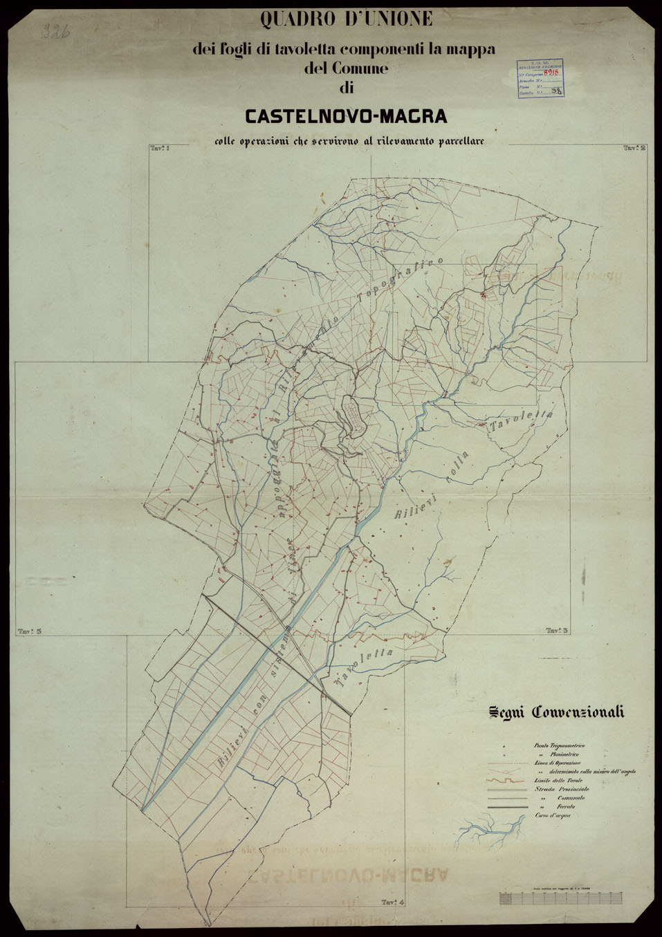 (N:1117) QUADRO D'UNIONE  DEI FOGLI DI TAVOLETTA COMPONENTI LA MAPPA DEL COMUNE DI CASTELNOVO-MACRA COLLE OPERAZIONI CHW SERVIRONO AL RILEVAMENTO PARCELLARE. (CA003134) Carte e stampe antiche: riproduzione a colori su carta (formato A4)
