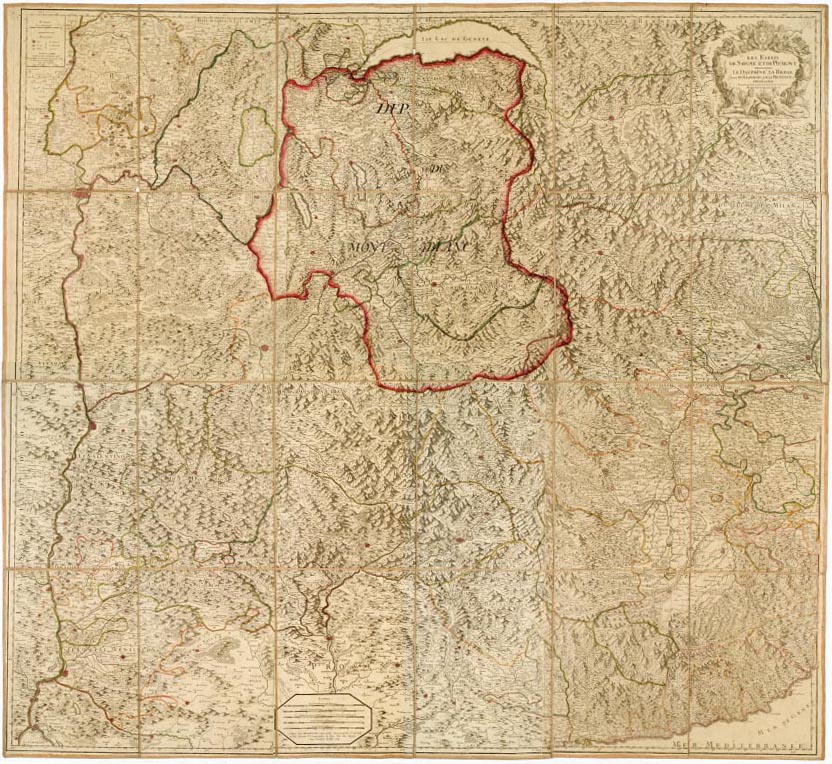 (N:11560) LES ESTATS DE SAVOYE ET DE PIEMONT, LES DAUPHINE LA BRESSE PARTIE DU LIONNOIS ET DE LA PROVENCE ETC. DEDIEZ AU ROY PAR SON TRES HUMBLE ECC. HUBERT JAILLOT. A PARIS CHEZ DEZAUCHE (B0004149, B0004150, B0004151, B0004152, B4149-52) Carte e stampe antiche: riproduzione digitale a 150 DPI
