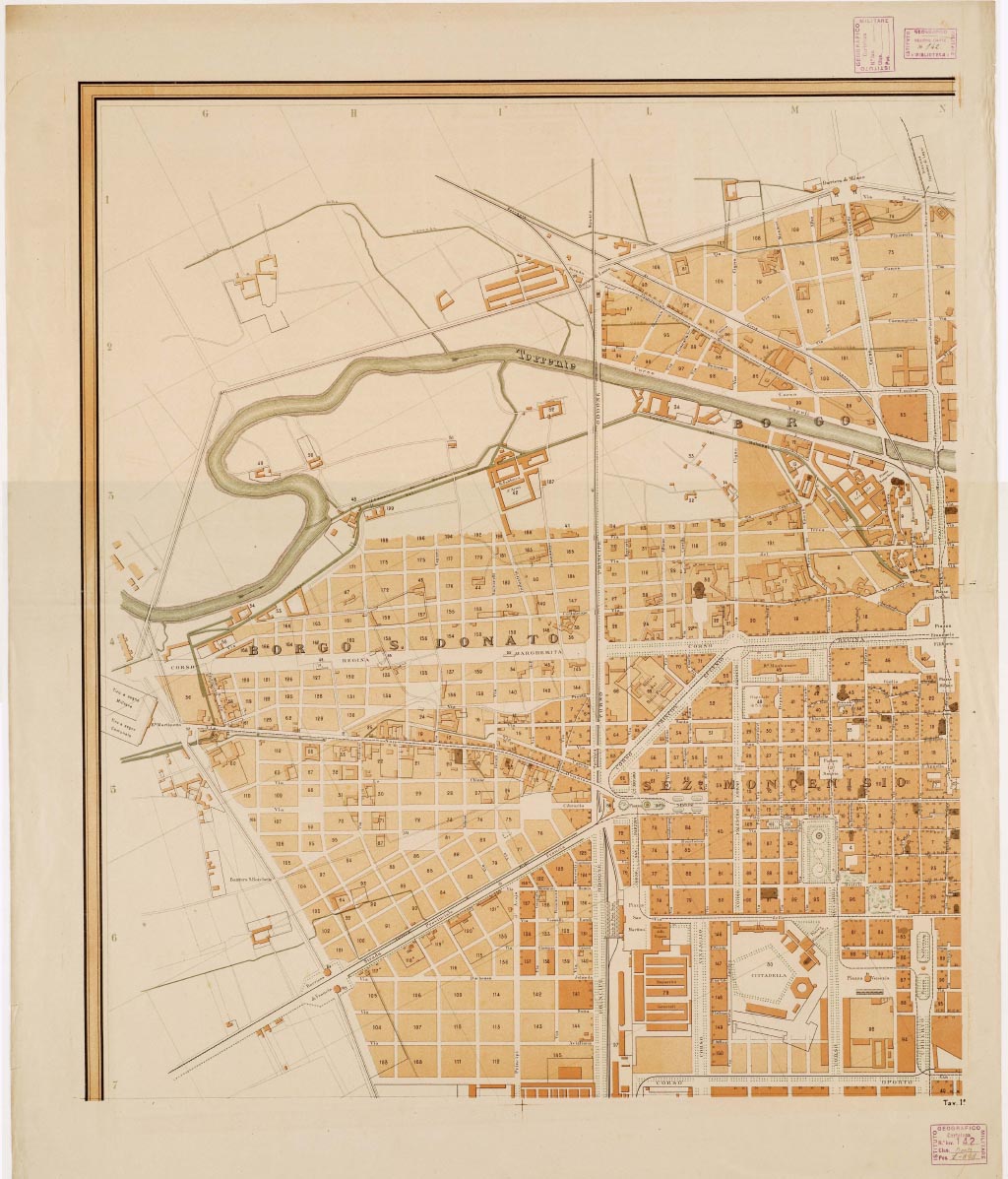 (N:13330) PIANO GENERALE DELLA CITTA' DI TORINO COLL'INDICAZIONE DEI PIANI REGOLARI DEGLI INGRANDIMENTI, COMPILATO PER CURA DELL'UFFICIO TECNICO MUNICIPALE. ESEGUITO NELLA LITOGRAFIA FRATELLI DOYEN. TORINO, NELL'ANNO 1884. G. KIRCHMAYR INCISORE.- Tavola 1 (B0006593, B0006594, B6593-94) Carte e stampe antiche: riproduzione digitale a 150 DPI
