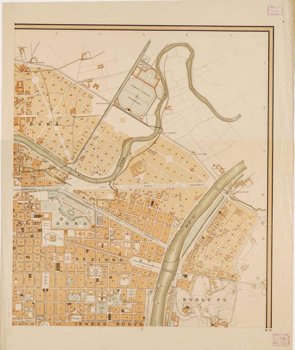 (N:13334) PIANO GENERALE DELLA CITTA' DI TORINO COLL'INDICAZIONE DEI PIANI REGOLARI DEGLI INGRANDIMENTI, COMPILATO PER CURA DELL'UFFICIO TECNICO MUNICIPALE. ESEGUITO NELLA LITOGRAFIA FRATELLI DOYEN. TORINO, NELL'ANNO 1884. G. KIRCHMAYR INCISORE - Tavola 2 (B0006595, B0006596, B6595-96) Carte e stampe antiche: riproduzione digitale a 150 DPI