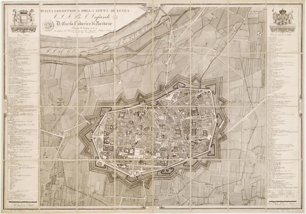 (N:13960) PIANTA GEOMETRICA DELLA CITTA' DI LUCCA A.S.A.R. L' INFANTE D. CARLO LODOVICO DI BORBONE DUCA DI LUCCA, ecc. IN OCCASIONE DEL QUINTO CONGRESSO DEI SAPIENTI ITALIANI L' ANNO 1843. IL PROF. PAOLO SINIBALDI O.D.C. (B0006892, B0006893, B6892-93) Carte e stampe antiche: riproduzione digitale a 150 DPI