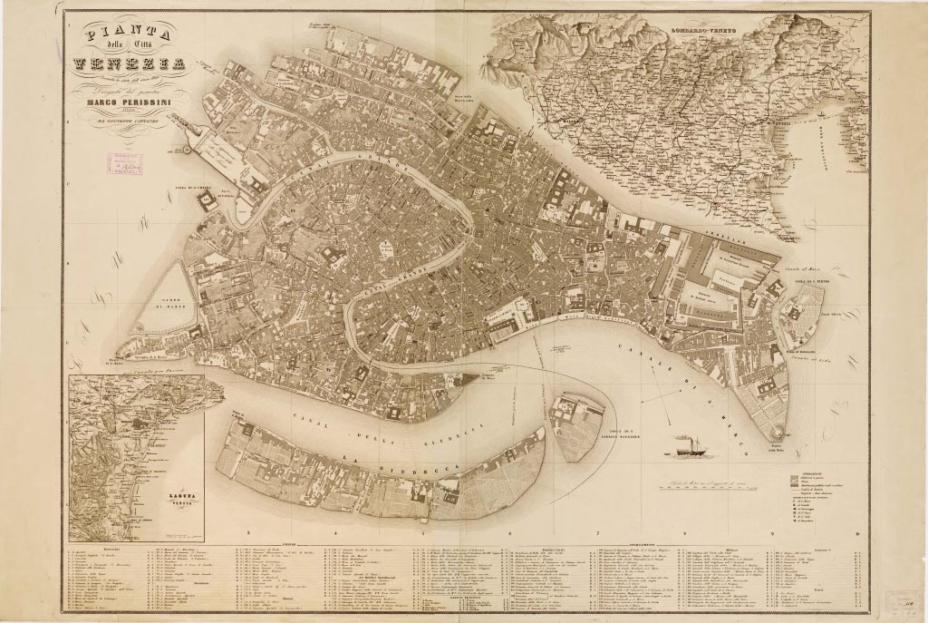 (N:13801) PIANTA DELLA CITTA' DI VENEZIA SECONDO LO STATO DELL'ANNO 1866. DISEGNATA DAL GEOMETRA MARCO PERISSINI. INCISA DA GIUSEPPE CATTANEO (B0006916, B0006917, B6916-17) Carte e stampe antiche: riproduzione digitale a 150 DPI