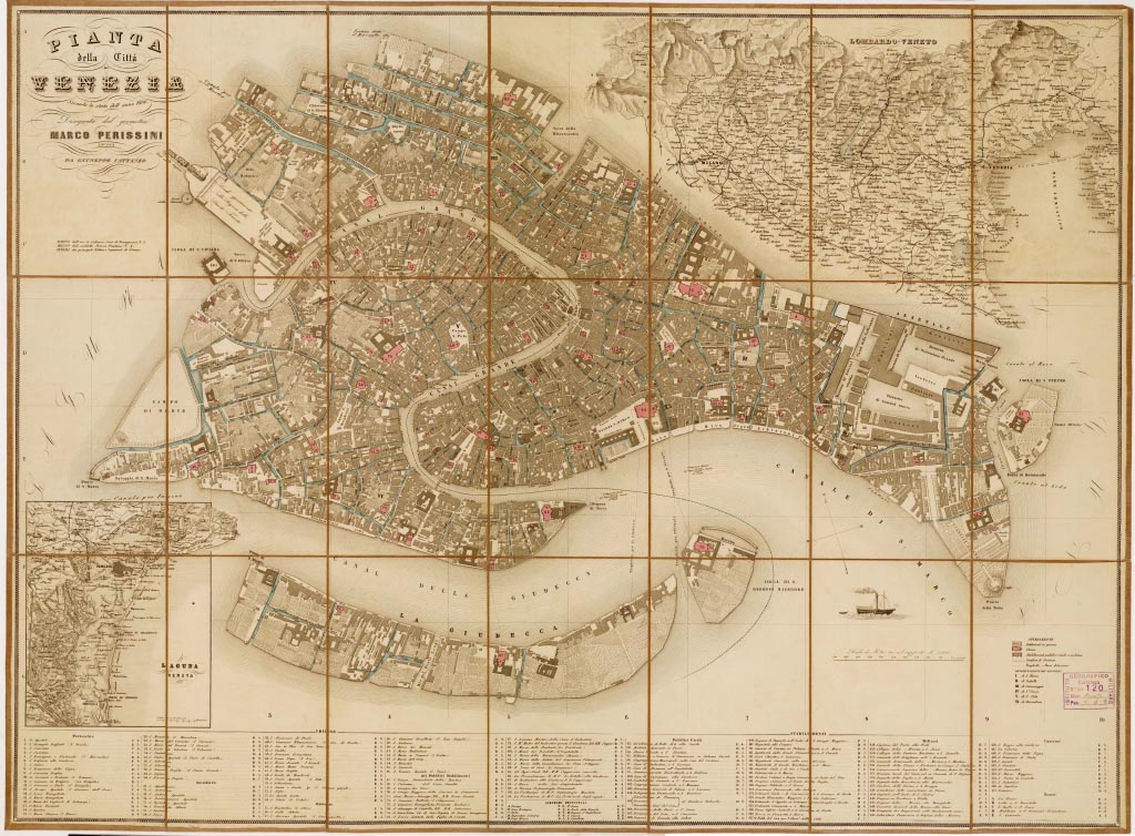 (N:13802) PIANTA DELLA CITTA' DI VENEZIA SECONDO LO STATO DELL'ANNO 1866. DISEGNATA DAL GEOMETRA MARCO PERISSINI. INCISA DA GIUSEPPE CATTANEO (B0006918, B0006919, B6918-19) Carte e stampe antiche: riproduzione digitale a 150 DPI