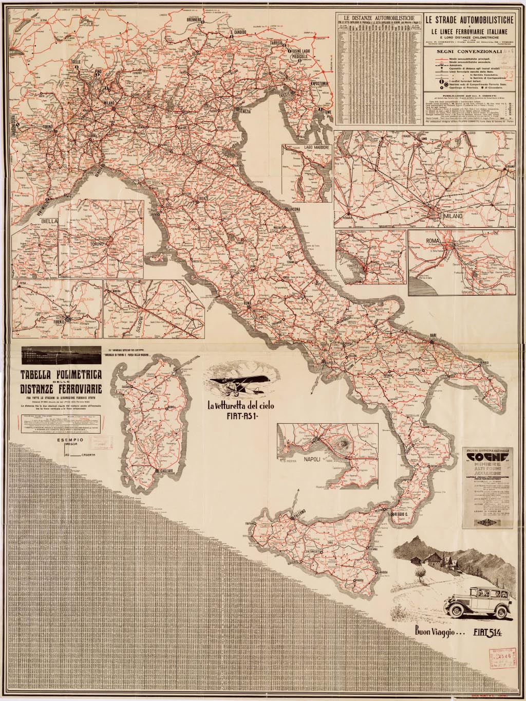 (N:11450) LE STRADE AUTOMOBILISTICHE E LE LINEE FERROVIARIE ITALIANE E LE LORO DISTANZE CHILOMETRICHE (B0008522, B0008523, B8522-23) Carte e stampe antiche: riproduzione digitale a 150 DPI