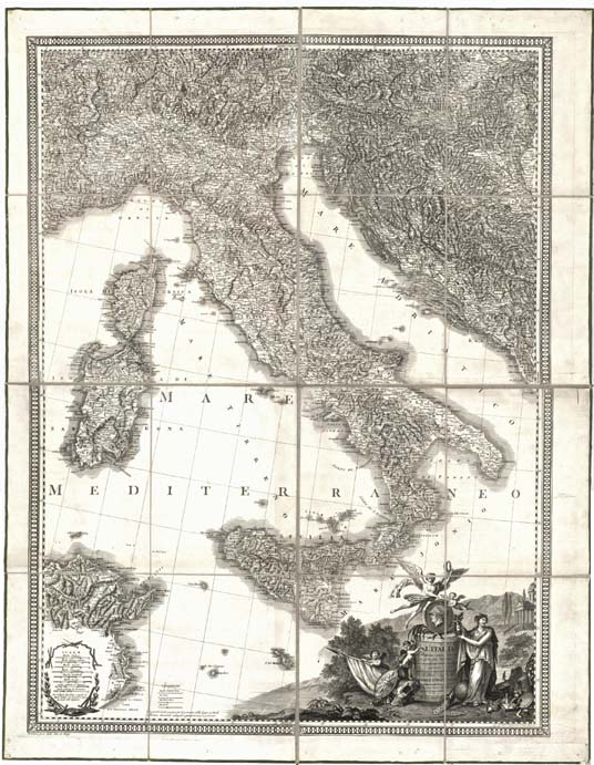 (N:9440) L'ITALIA DI GIO. ANTONIO RIZZI-ZANNONI IN QUATTRO FOGLI IMPERIALI CON L'AGGIUNTA DEI LUOGHI E LE STRADE POSTALI. PUBBLICATA DA GIO. VALERIO PASQUALI ALL'ILL.MO SIG. A. B. DANIELE DR. FRANCESCONI, ECC. VENEZIA MDCCCVI. (B0012909, B0012910, B0012913, B0012914, B12909-14) Carte e stampe antiche: riproduzione digitale a 300 DPI