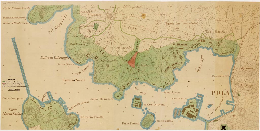 (N:13907) PIANTA DI POLA IN BASE AL PIANO REGOLATORE - Foglio 1 (B0006621, B0006622, B6621-22) Carte e stampe antiche: riproduzione digitale a 300 DPI