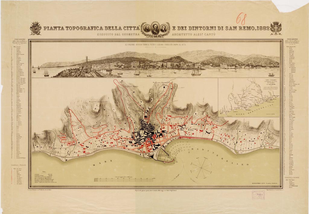 (N:14014) PIANTA TOPOGRAFICA DELLA CITTA' E DEI DINTORNI DI SAN REMO, 1882 ESEGUITO DAL GEOMETRA ARCHITETTO A. CANTU' (B0006648, B0006649, B6648-49) Carte e stampe antiche: riproduzione digitale a 300 DPI
