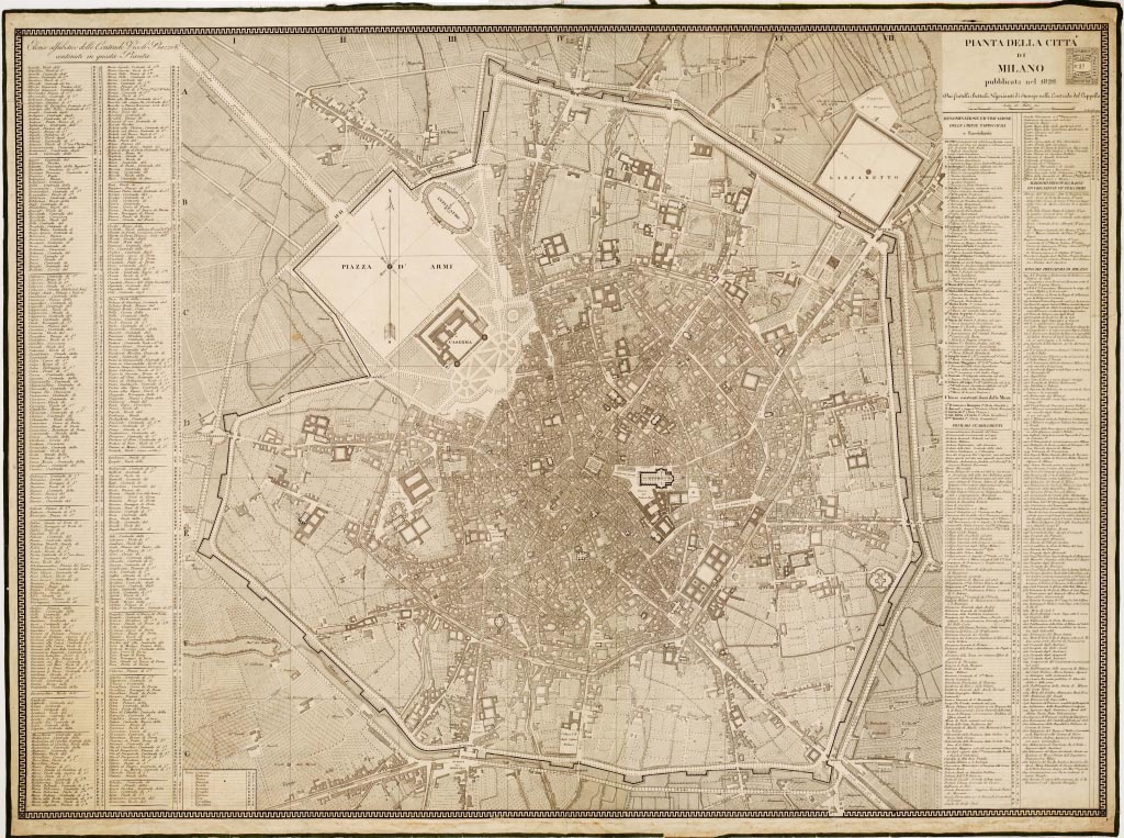 (N:13651) PIANTA DELLA CITTA' DI MILANO PUBBLICATA DAI FRATELLI BETTALI NEGOZIANTI DI STAMPE NELLA CONTRADA DEL CAPPELLO. (B0007255, B0007256, B7255-56) Carte e stampe antiche: riproduzione digitale a 300 DPI