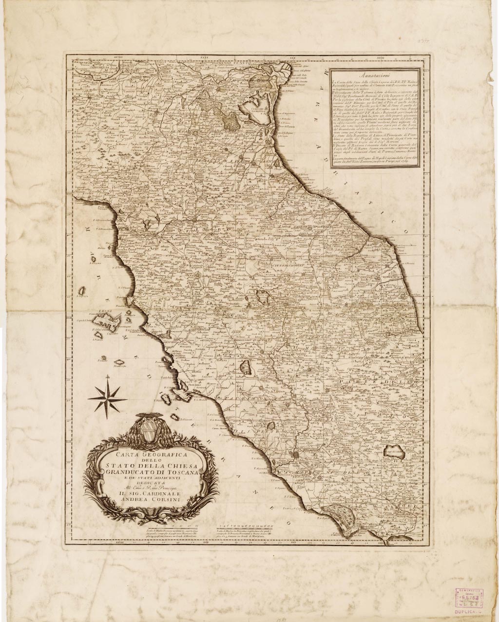 (N:5008) CARTA GEOGRAFICA DELLO STATO DELLA CHIESA GRANDUCATO DI TOSCANA E DE' STATI ADIACENTI DEDICATA ALL'E.MO E R.MO PRINCIPE IL SIG. CARDINALE ANDREA CORSINI. (B0008199, B0008200, B8199-00) Carte e stampe antiche: riproduzione digitale a 300 DPI