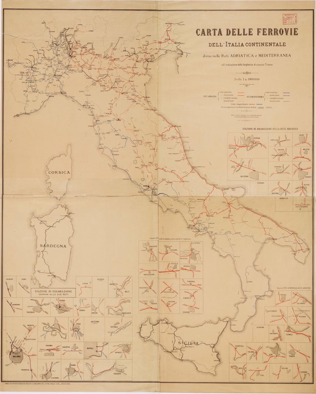 (N:3791) CARTA DELLE FERROVIE DELL'ITALIA CONTINENTALE DIVISA NELLE RETI ADRIATICA E MEDITERRANEA LE STRADE AUTOMOBILISTICHE E LE LINEE FERROVIARIE ITALIANE (B0008527, B0008528, B0008529, B0008530, B8527-30) Carte e stampe antiche: riproduzione digitale a 300 DPI