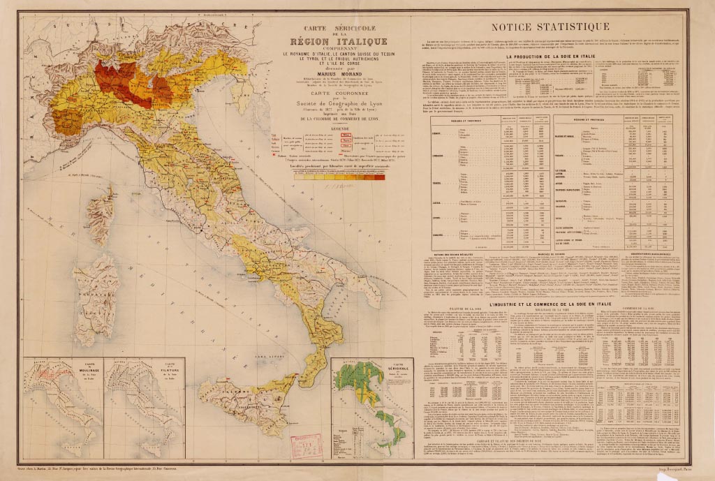 (N:8623) CARTE SERICICOLE DE LA REGION ITALIQUE COMPRENANT LE ROYAUME D'ITALIE, LE CANTON SUISSE DU TESSIN LE TYROL ET LE FRIOUL AUTRICHIENS ET L'ILE DE CORSE. DRESSEE PAR MARIUS MORAND. (B0008704, B0008705, B8704-05) Carte e stampe antiche: riproduzione digitale a 300 DPI