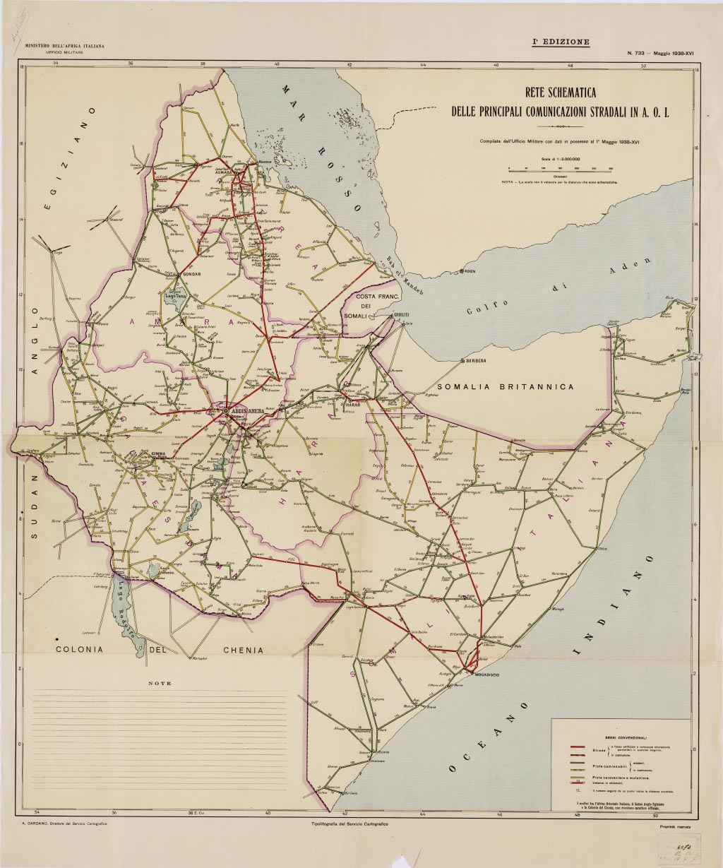 (N:14865) RETE SCHEMATICA DELLE PRINCIPALI COMUNICAZIONI STRADALI IN A.O.I. (B0009829, B0009830, B9829-30) Carte e stampe antiche: riproduzione digitale a 300 DPI