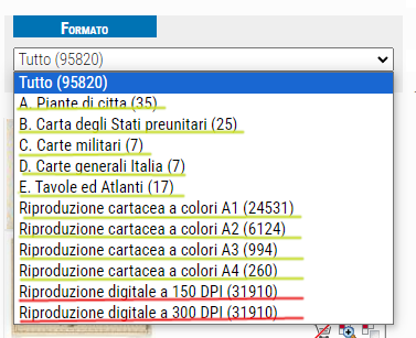 Ricerca carte antiche - dettaglio del filtro per formato