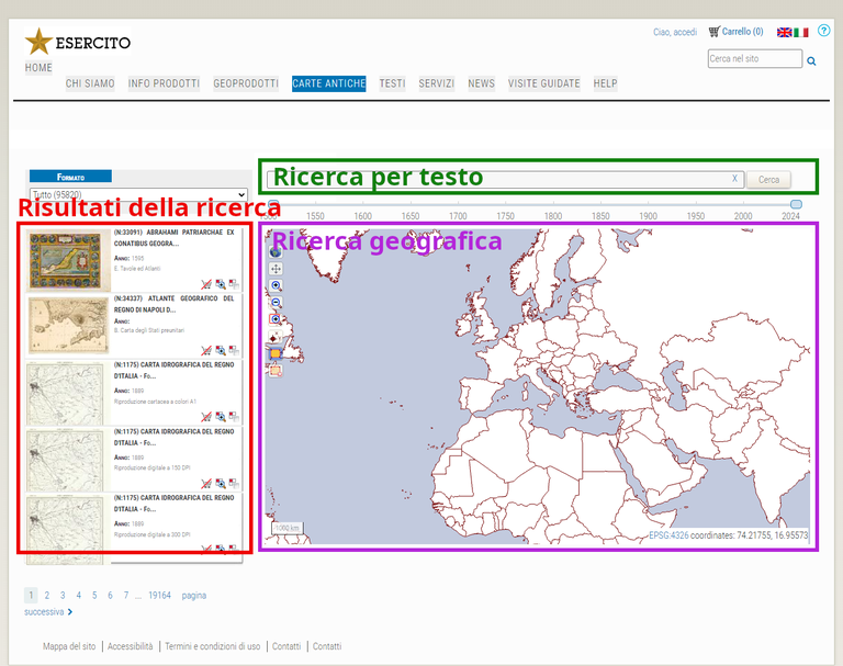 Pagina del sito dedicata alla ricerca delle carte antiche con evidenziate l'area di ricerca per testo e l'area di ricerca geografica. A sinistra il box contenente i risultati